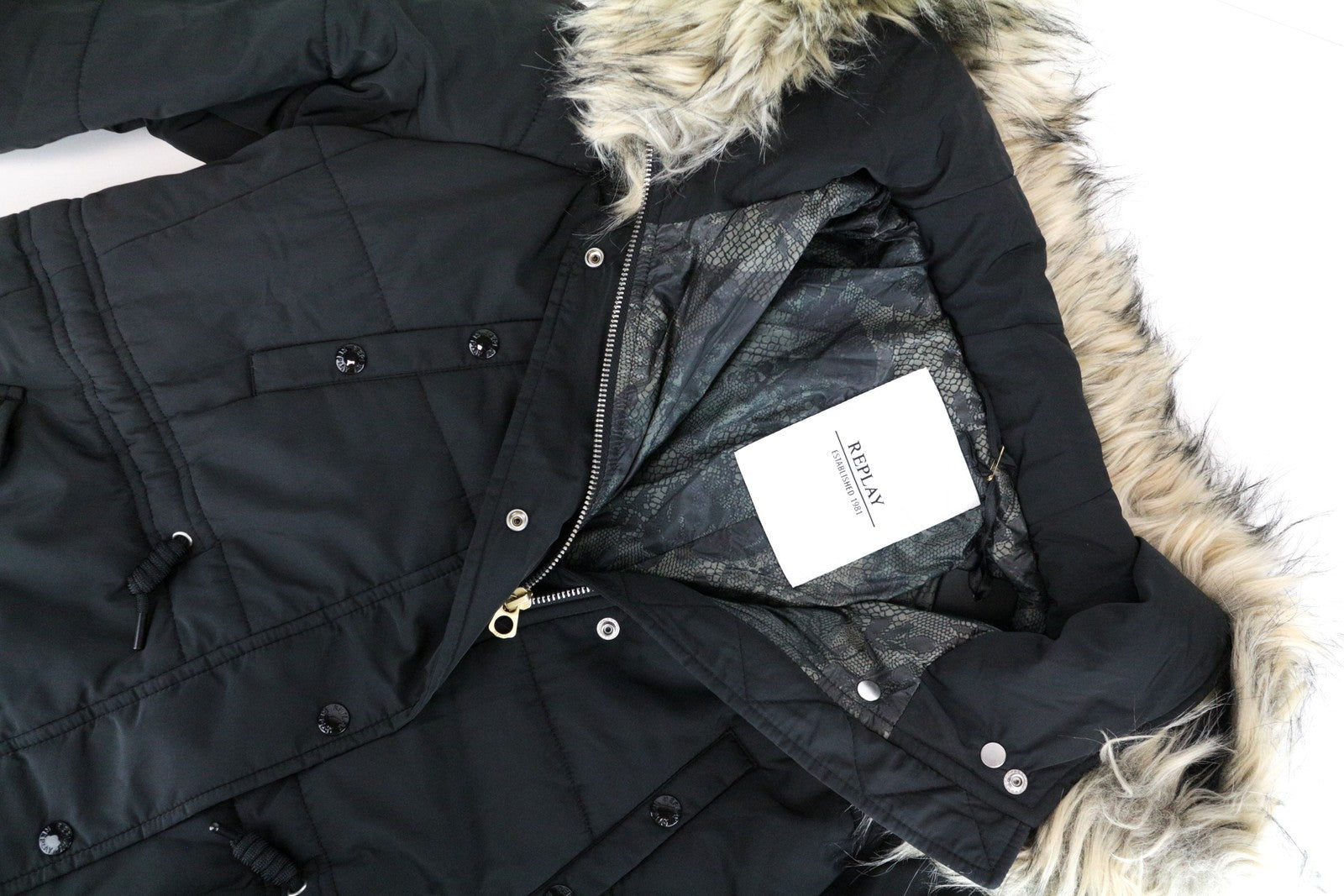 REPLAY Women's Jacket S Faux Fur Hooded Padded Quilted Mid-Length Pocketed Black