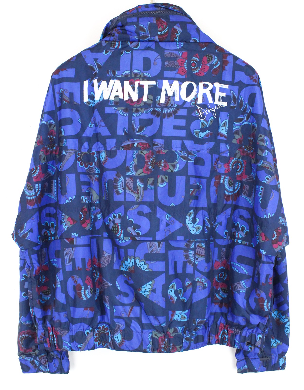 DESIGUAL Chaq Lex Women's Jacket 44 Short Logo Abstract Print Blue Hidden Hood