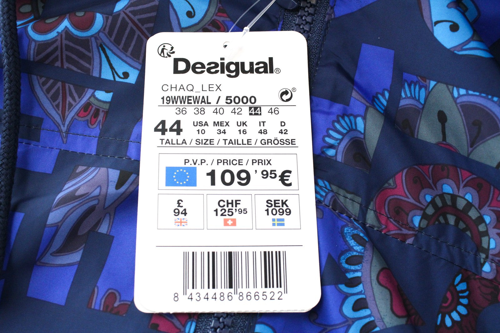 DESIGUAL Chaq Lex Women's Jacket 44 Short Logo Abstract Print Blue Hidden Hood