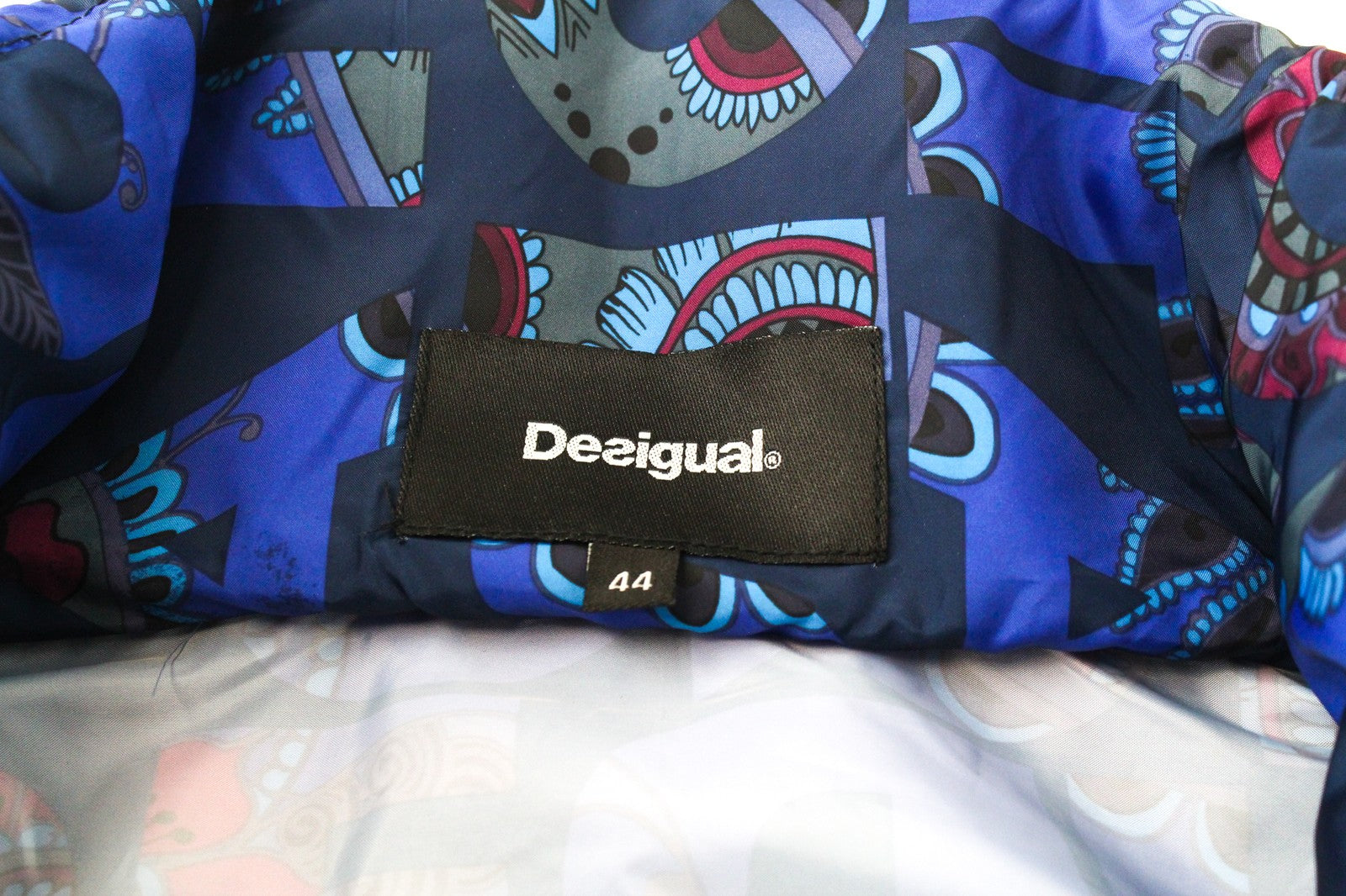 DESIGUAL Chaq Lex Women's Jacket 44 Short Logo Abstract Print Blue Hidden Hood