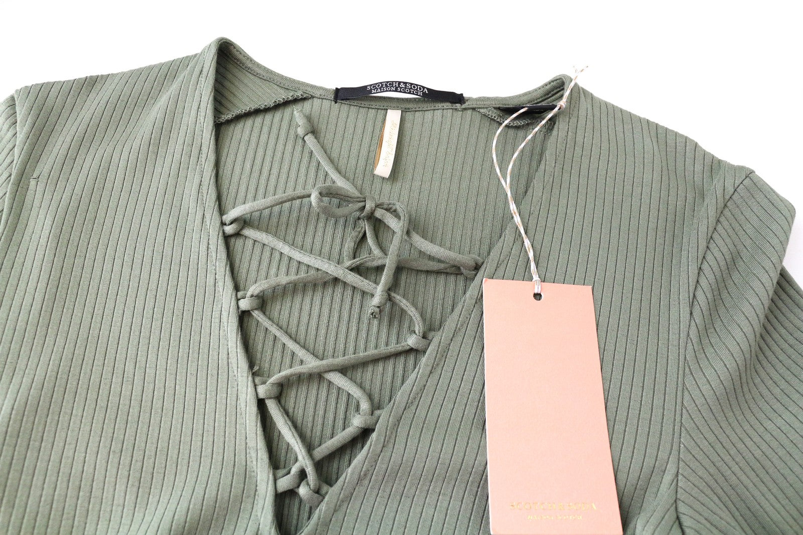 MAISON SCOTCH Green Ribbed Tee XS V-Neck Long Sleeve Stretch