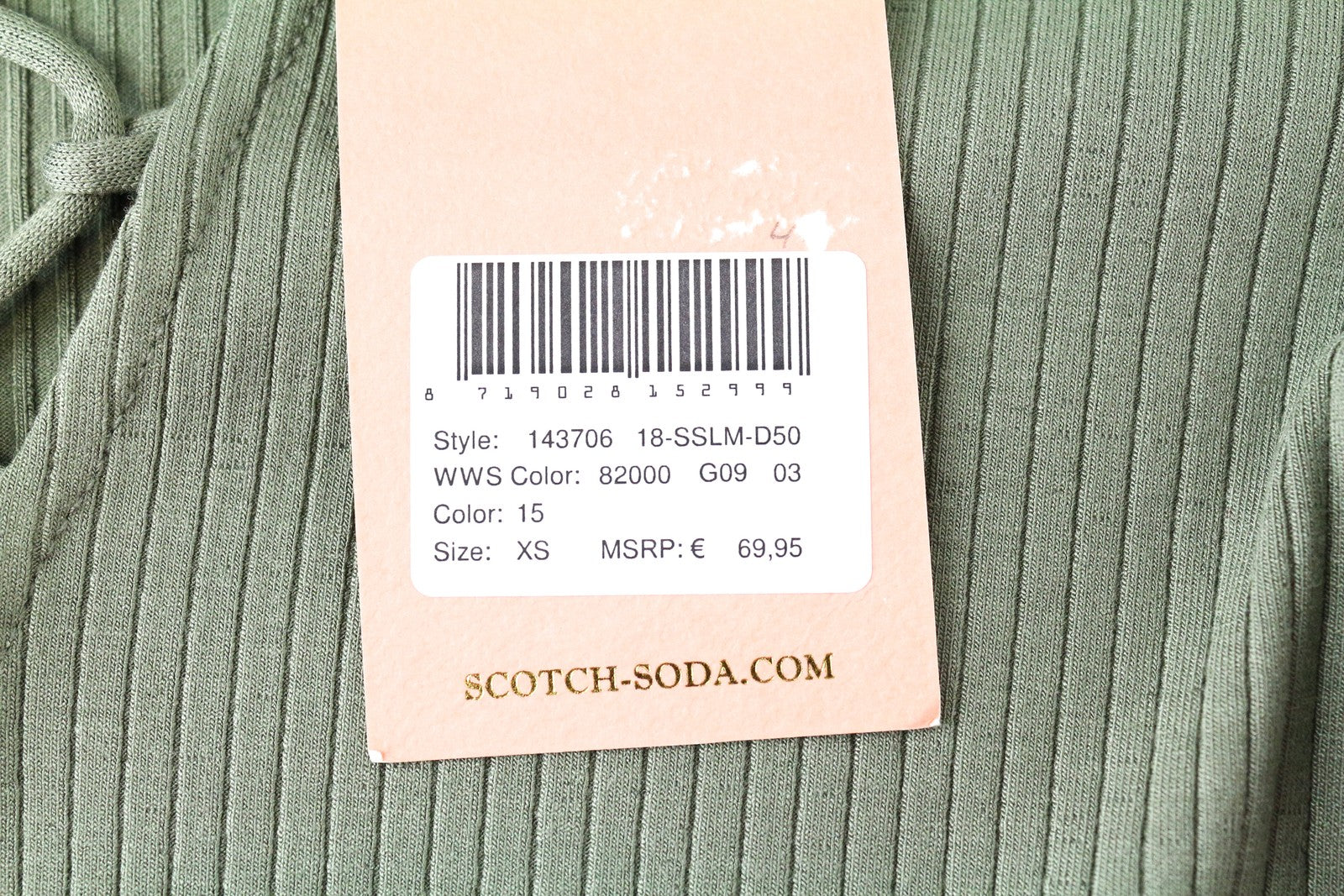 MAISON SCOTCH Green Ribbed Tee XS V-Neck Long Sleeve Stretch