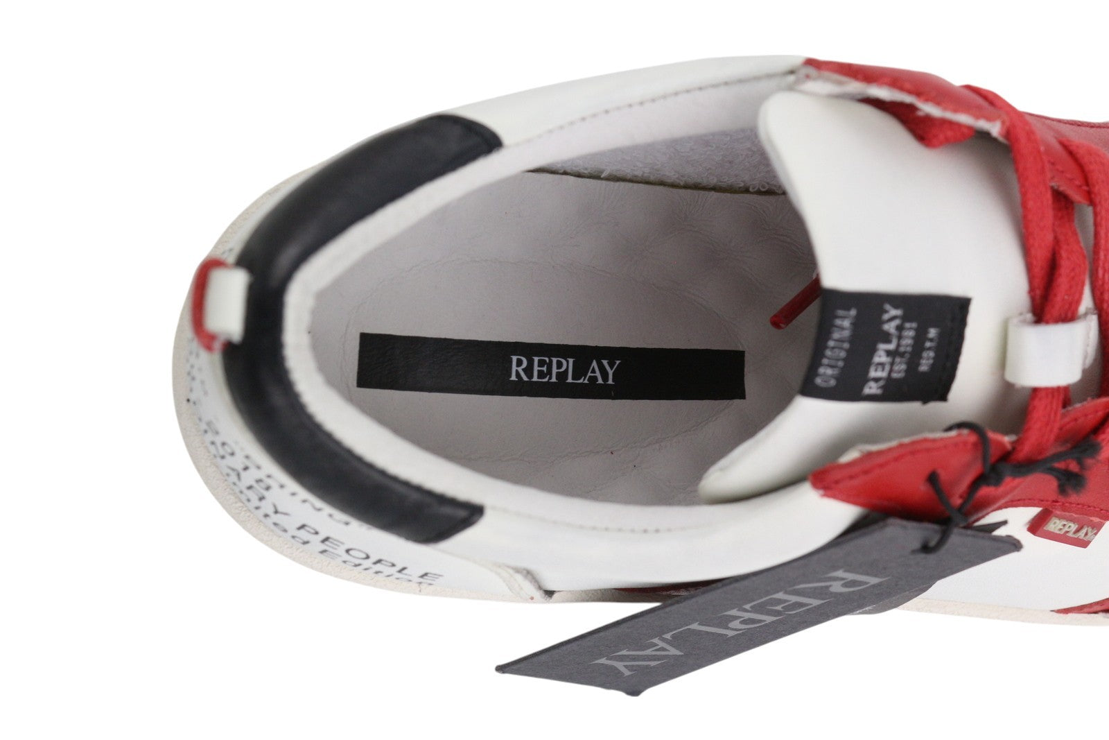 REPLAY vyriški sportbačiai EU44 balti odiniai žemapadžiai sportbačiai su raišteliais, migdolų nosys, raudoni 