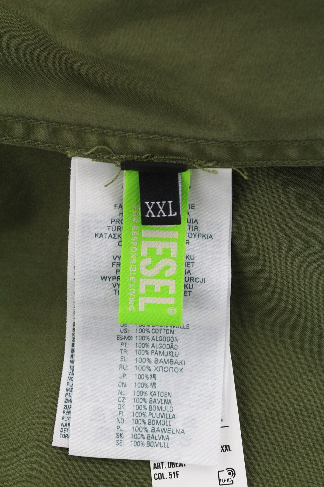 DIESEL J-Fuller vyriška striukė 2XL spalvos chaki spalvos marškinėliai su sagomis apykakle, rekomenduojama kaina – 295 € 