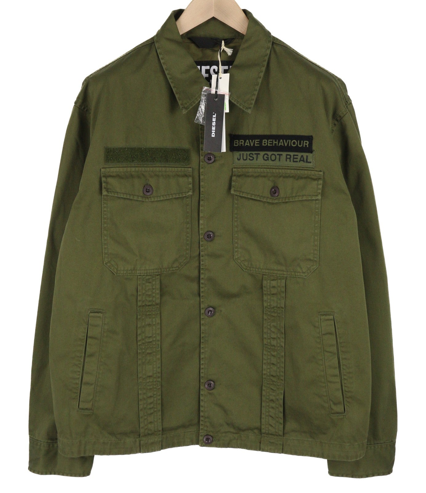 DIESEL J-Fuller vyriška striukė XL chaki spalvos marškinėliai su sagomis apykakle, rekomenduojama kaina – 295 € 