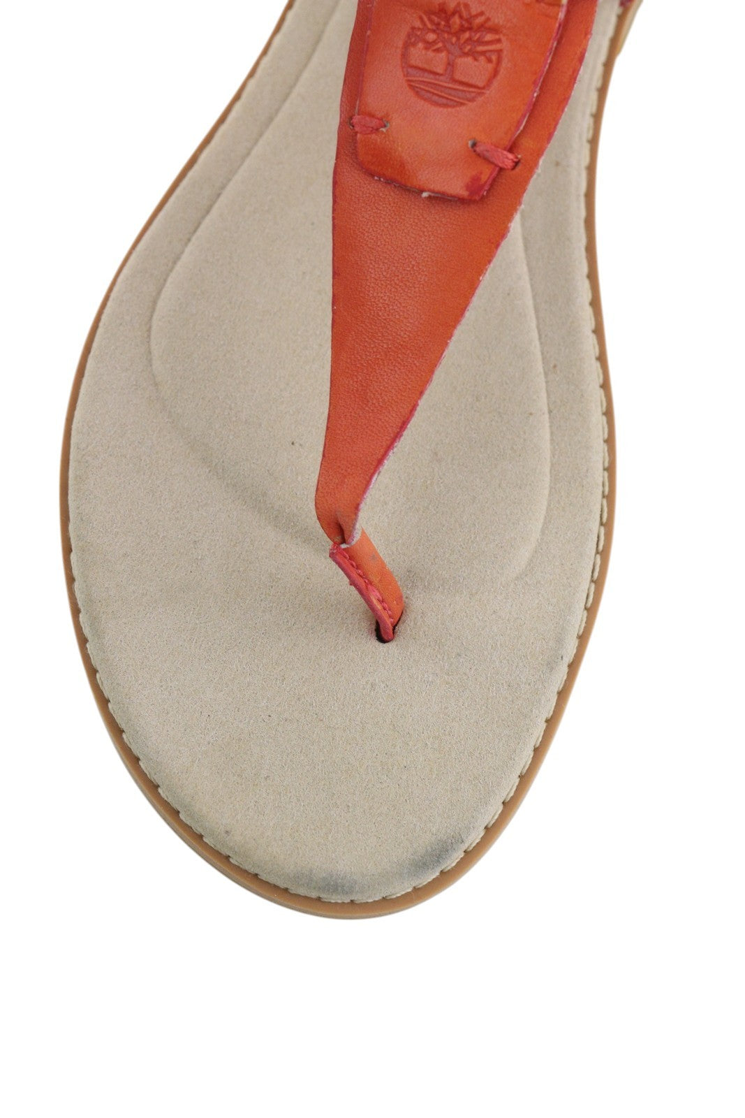 TIMBERLAND A23UF moteriškos basutės, 38,5 dydžio, oranžinės spalvos, odinės atviros nosies, plokščiapadžiai logotipai, laisvalaikio stiliaus. 