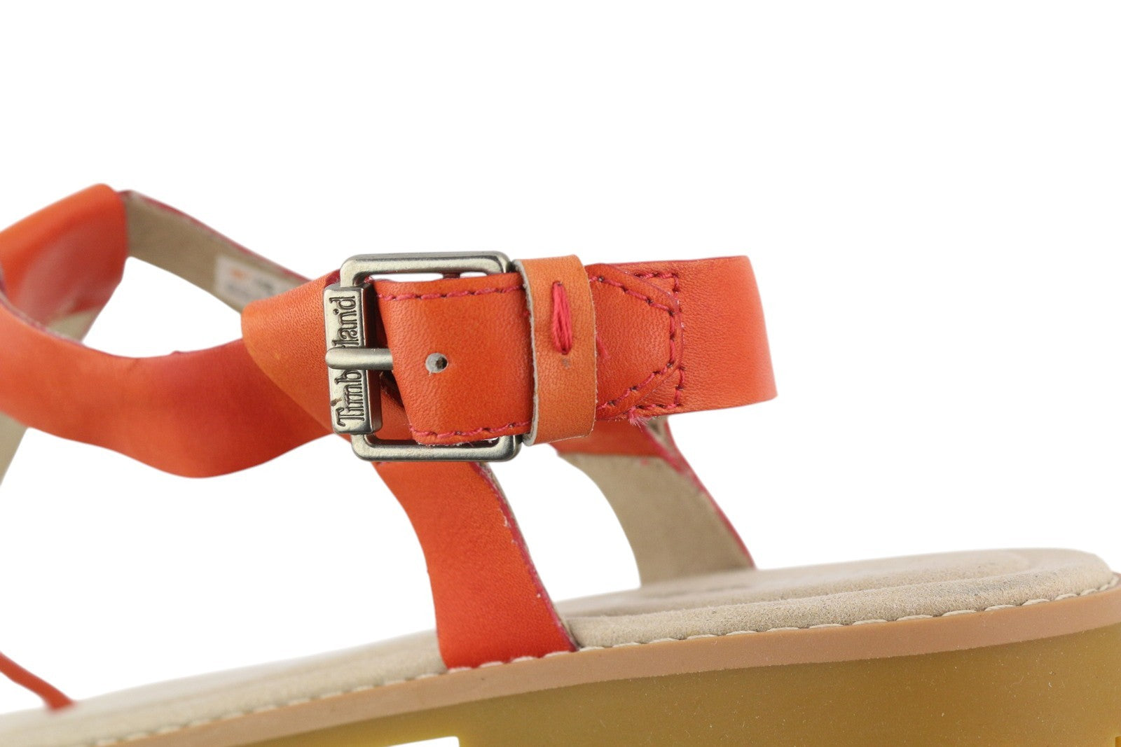 TIMBERLAND A23UF moteriškos basutės, 38,5 dydžio, oranžinės spalvos, odinės atviros nosies, plokščiapadžiai logotipai, laisvalaikio stiliaus. 