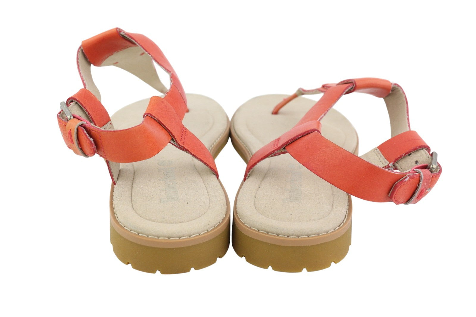 TIMBERLAND A23UF moteriškos basutės, 38,5 dydžio, oranžinės spalvos, odinės atviros nosies, plokščiapadžiai logotipai, laisvalaikio stiliaus. 