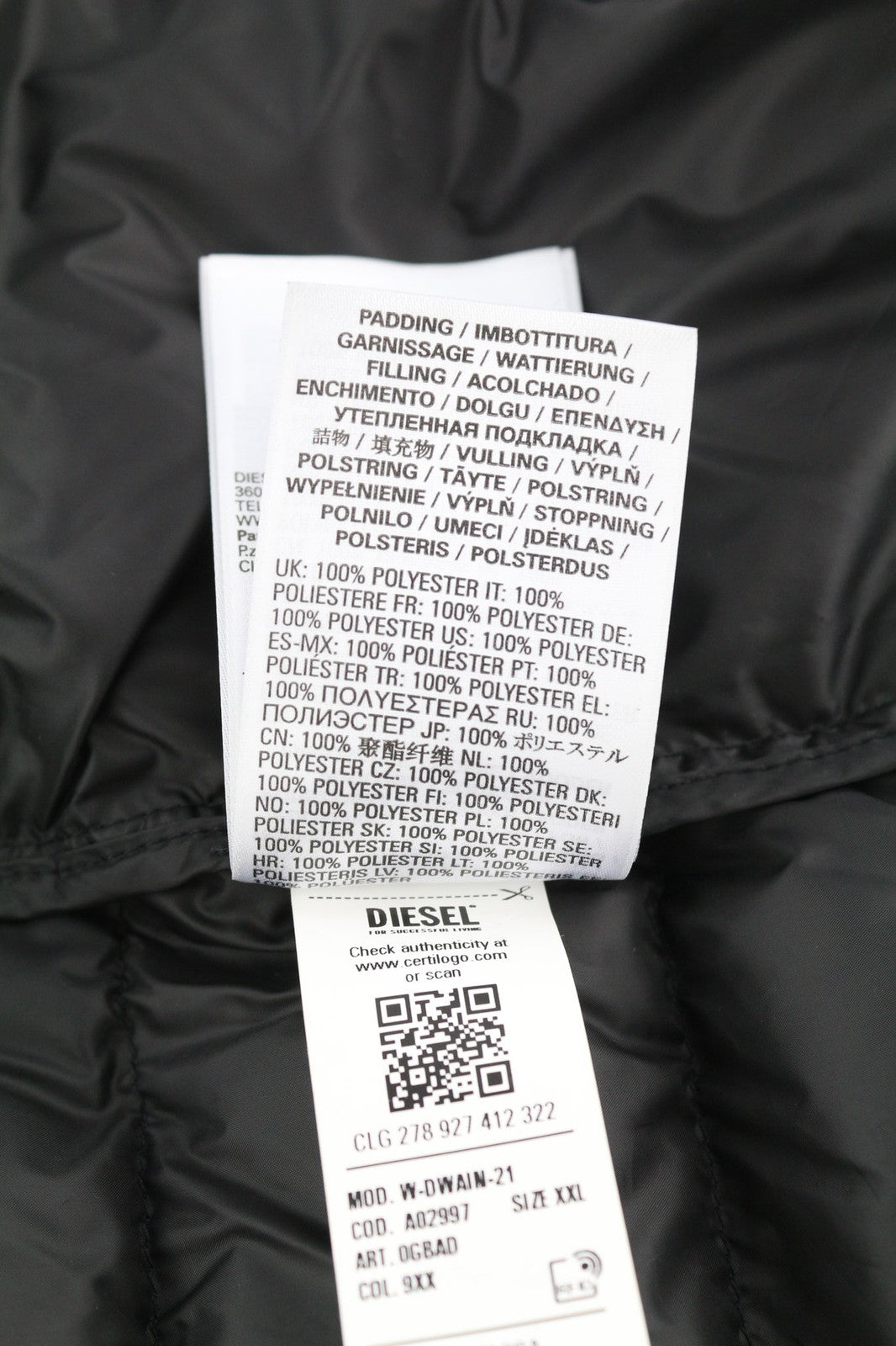 DIESEL W-Dwain-21 vyriška striukė su užtrauktuku ir dygsniuotu gobtuvu, 2XL, 3M, RRP 350 € 