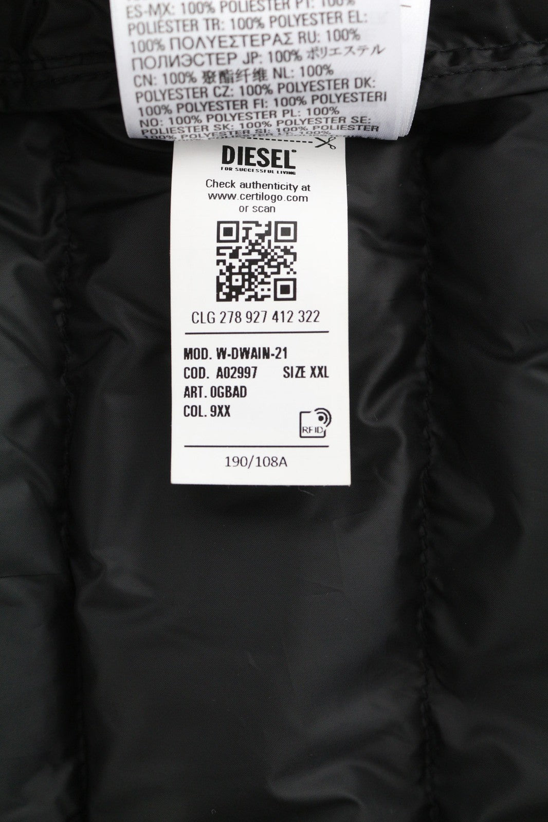 DIESEL W-Dwain-21 vyriška striukė su užtrauktuku ir dygsniuotu gobtuvu, 2XL, 3M, RRP 350 € 