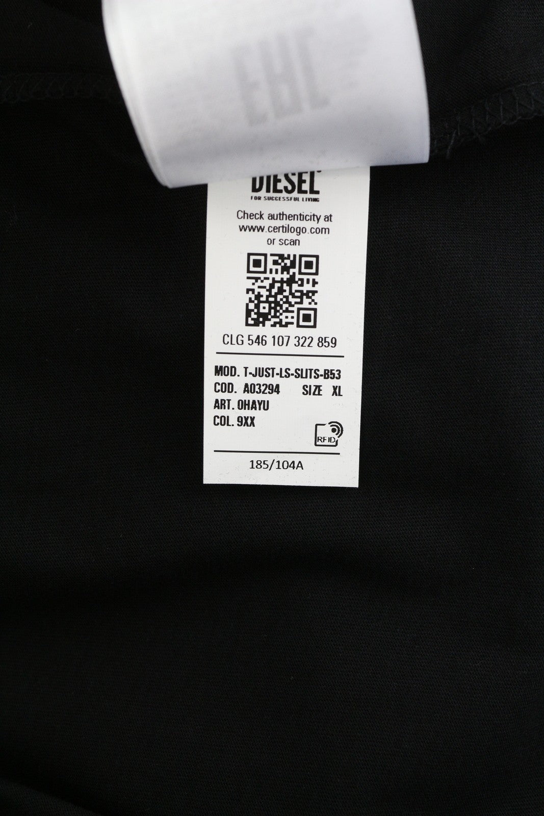 DIESEL T-Just-LS-Slits-B53 vyriški marškinėliai XL dydžio, juodi, megztiniai su apvalia apykakle 