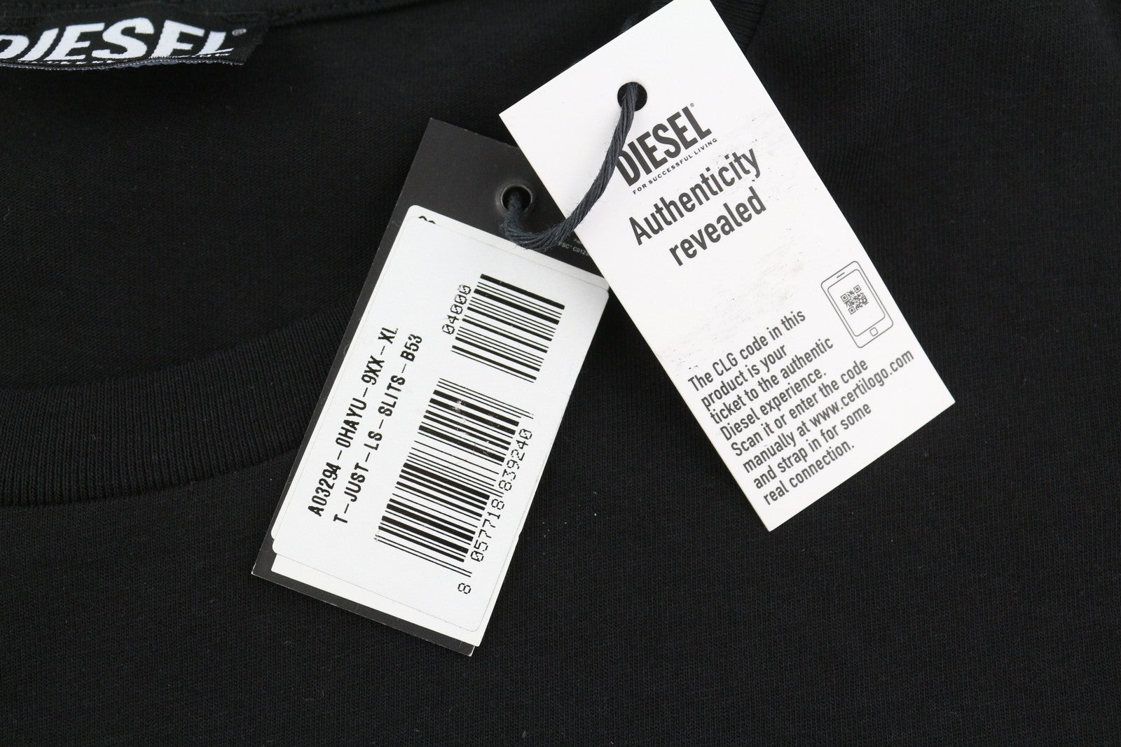 DIESEL T-Just-LS-Slits-B53 vyriški marškinėliai XL dydžio, juodi, megztiniai su apvalia apykakle 