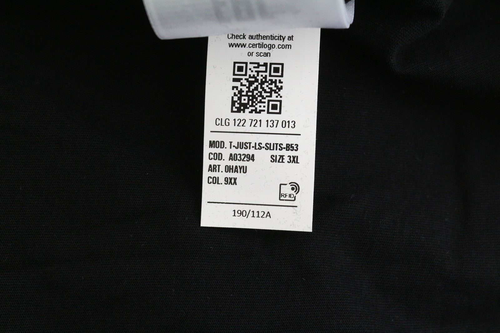 DIESEL T-Just-LS-Slits-B53 vyriški marškinėliai su juodu megztiniu ir apvalia apykakle, 3XL dydžio 