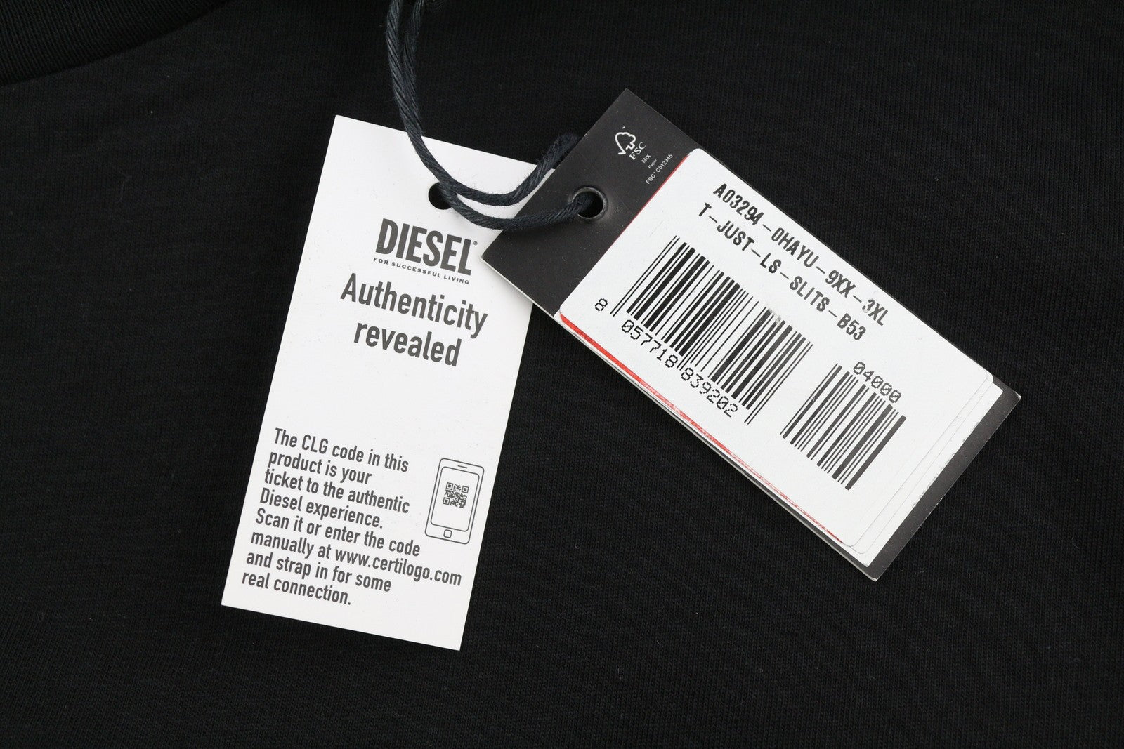 DIESEL T-Just-LS-Slits-B53 vyriški marškinėliai su juodu megztiniu ir apvalia apykakle, 3XL dydžio 