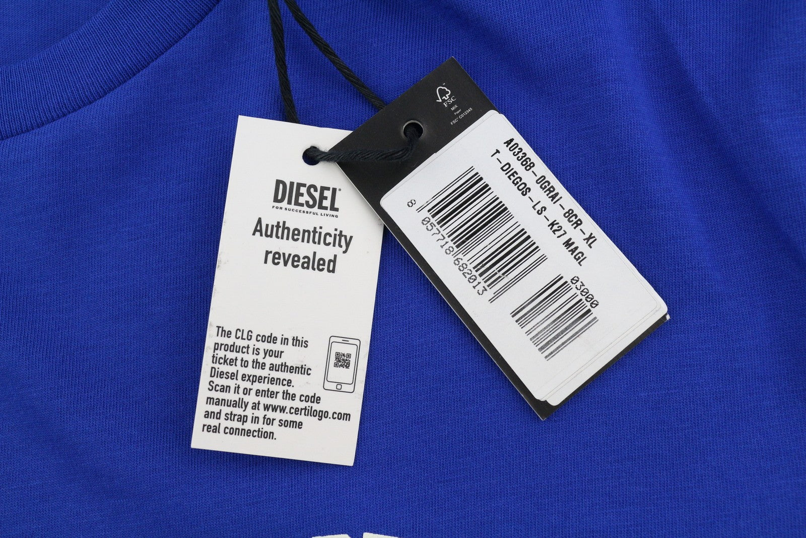 DIESEL T-Diegos-LS-K27 vyriški marškinėliai XL dydžio, mėlyni, megztiniai su apvalia kaklu.