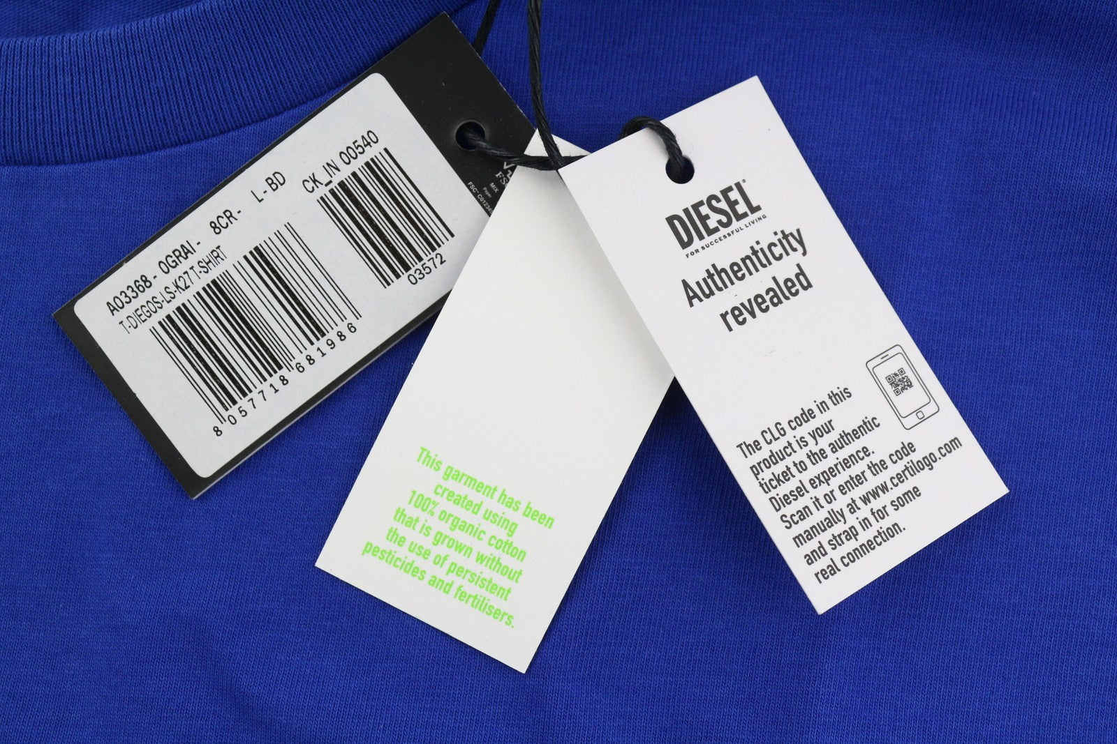 DIESEL T-Diegos-LS-K27 vyriški marškinėliai L dydžio, mėlyni, megztiniai su apvalia kaklu ir ilgomis rankovėmis.