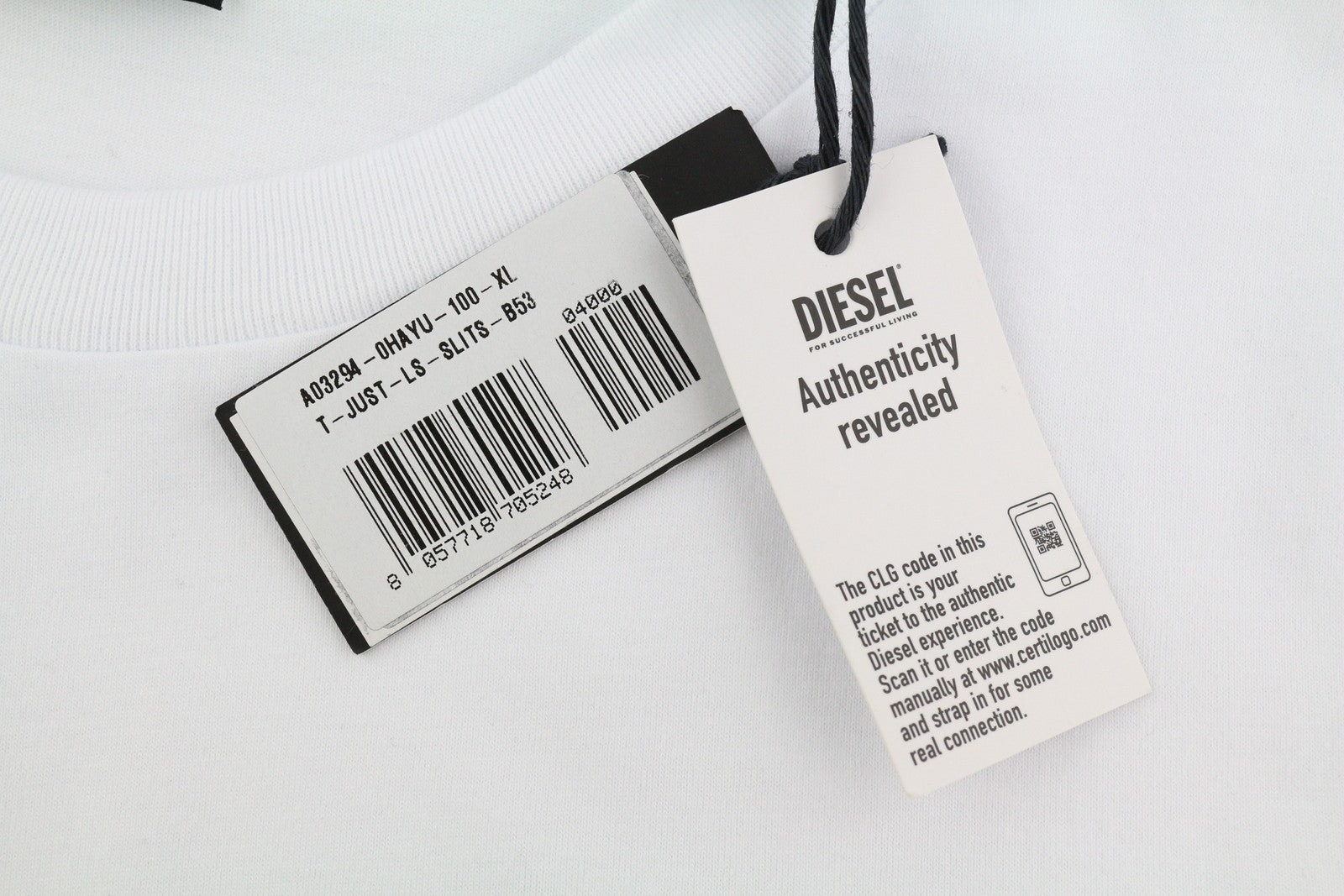 DIESEL T-Just-LS-Slits-B53 vyriški marškinėliai, XL dydžio, balti, megztiniai su apvalia apykakle