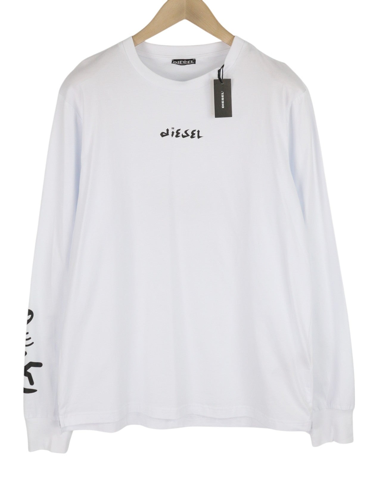 DIESEL T-Just-LS-Slits-B53 vyriški marškinėliai L su baltu megztiniu ir apvalia apykakle 