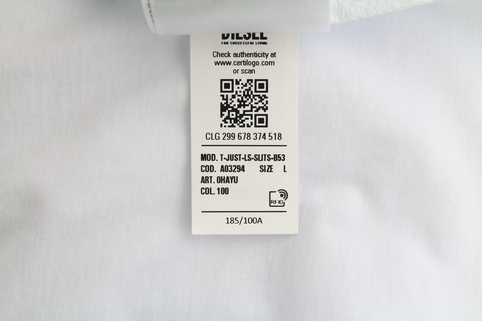 DIESEL T-Just-LS-Slits-B53 vyriški marškinėliai L su baltu megztiniu ir apvalia apykakle 