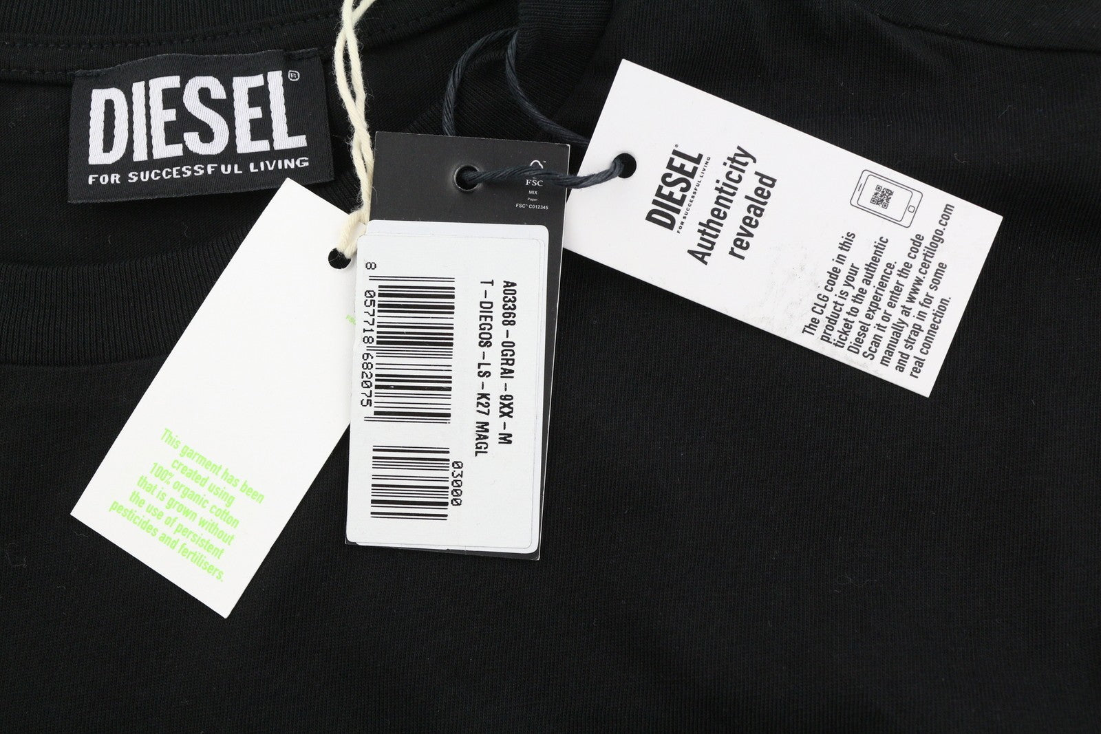 DIESEL T-Diegos-LS-K27 vyriški marškinėliai M juodi su megztiniu apvalia apykakle