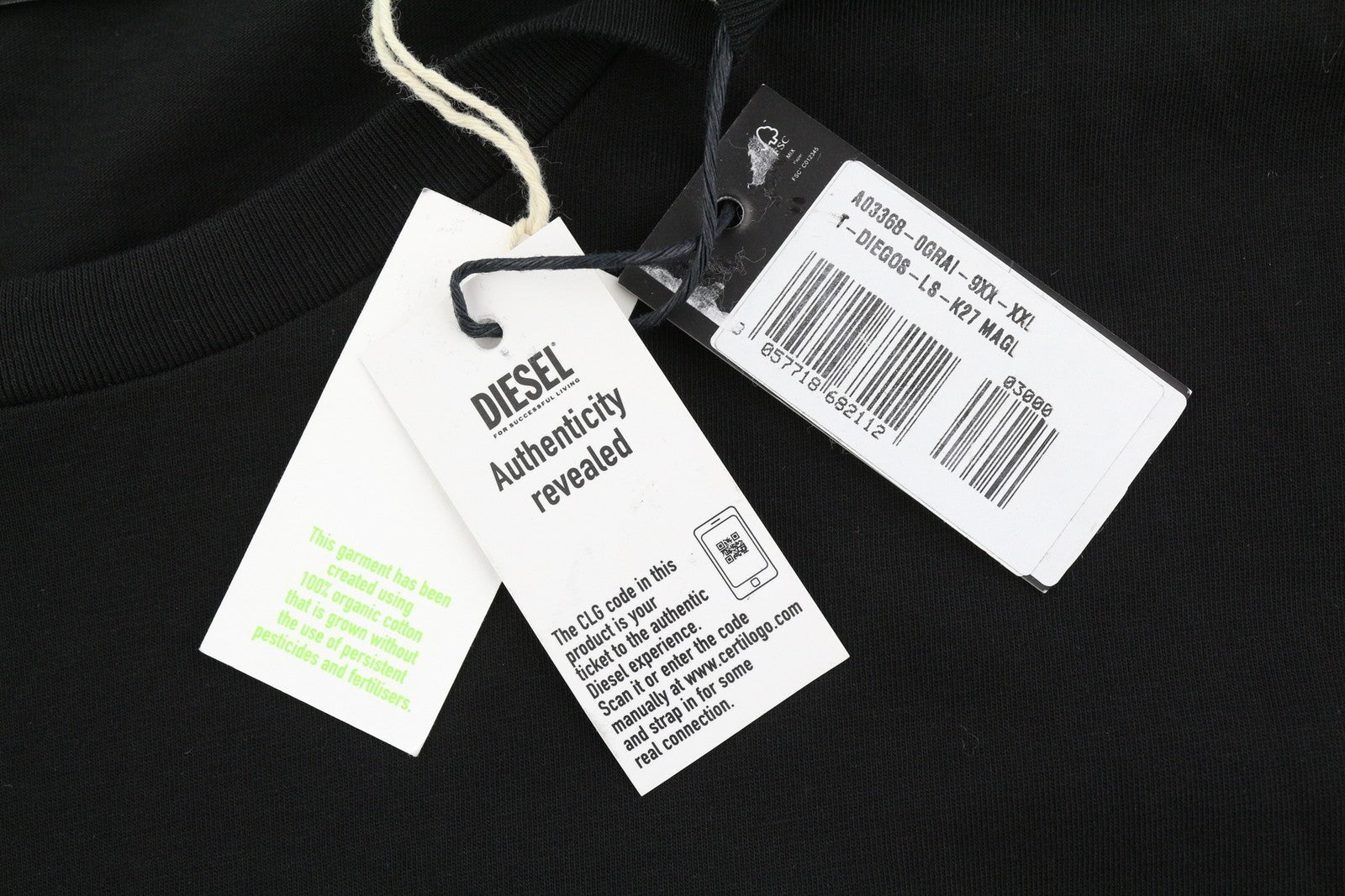 DIESEL T-Diegos-LS-K27 vyriški marškinėliai su juodu megztiniu apvalia kaklo iškirpte, 2XL dydžio