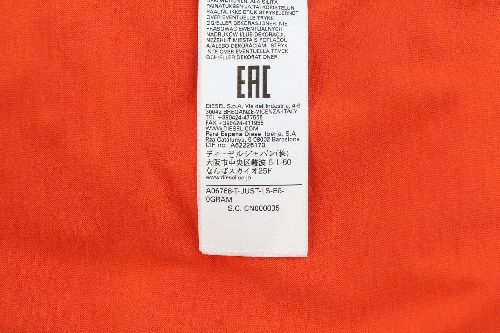 DIESEL T-Just-LS-E6 vyriški marškinėliai L dydžio oranžiniai su ilgomis rankovėmis ir apvalia apykakle 