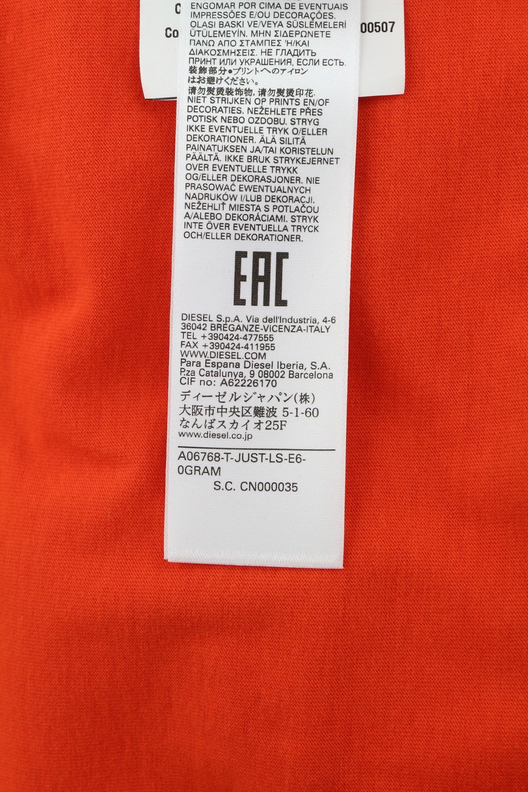 DIESEL T-Just-LS-E6 vyriški marškinėliai L dydžio oranžiniai su megztiniu ilgomis rankovėmis, apvalia apykakle ir trikotažu 