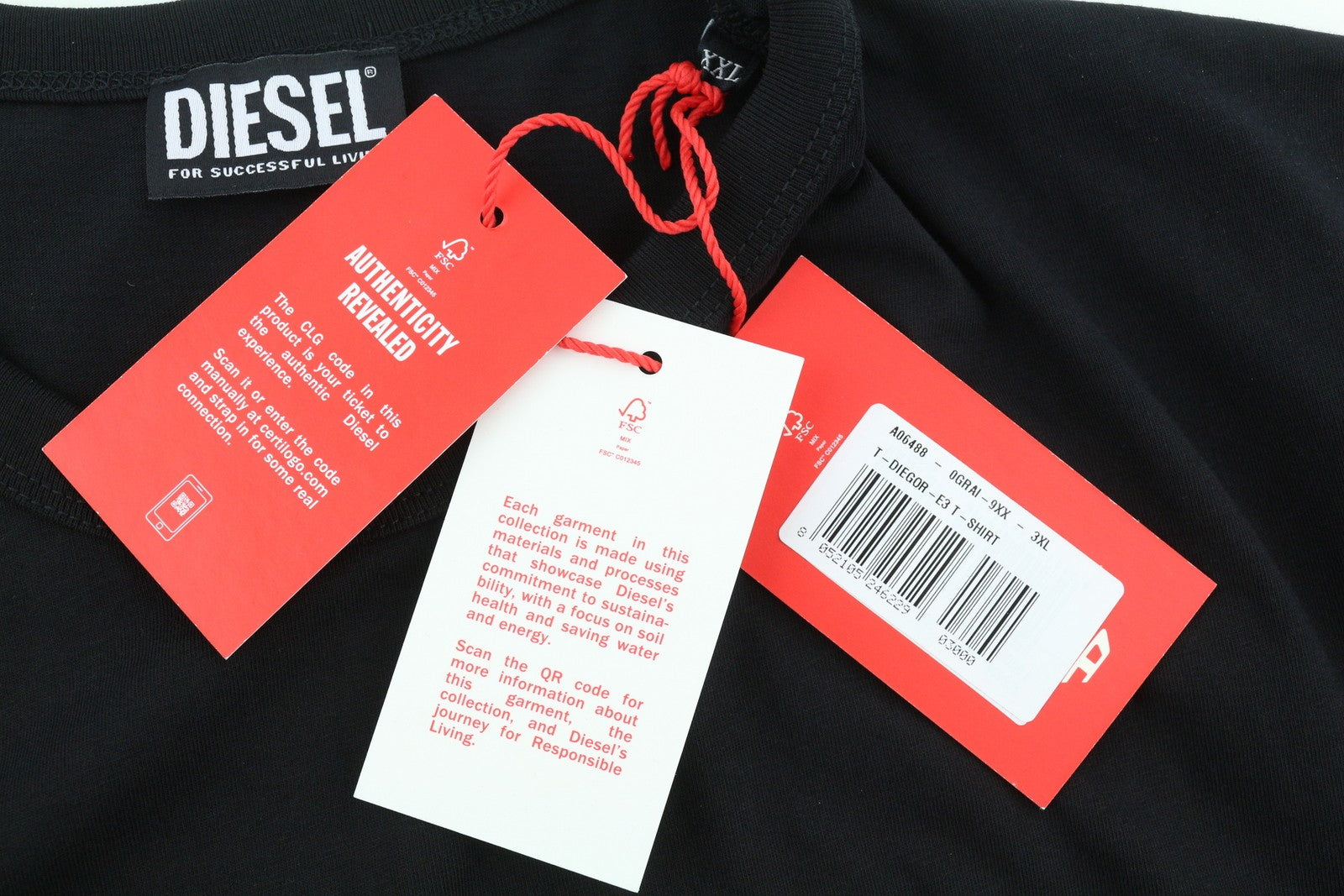 DIESEL T-Diegor-E3 vyriški marškinėliai su trumpomis rankovėmis, 2XL dydžio, juodi, su apvalia apykakle ir trikotažu. 