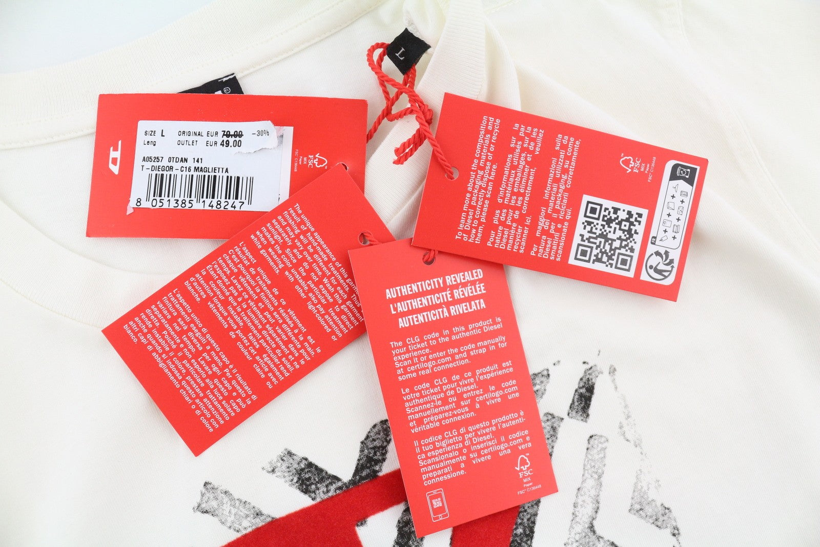 DIESEL T-Diegor-C16 vyriški marškinėliai L dydžio, balti, trumpomis rankovėmis, apvalia apykakle, trikotažiniai 