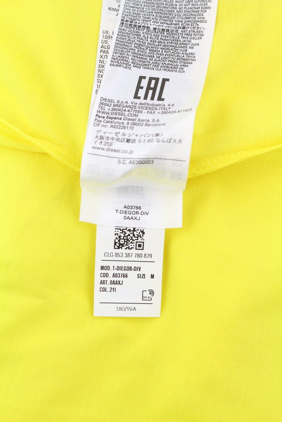 DIESEL T-Diegor-Div vyriški marškinėliai M geltoni trumpomis rankovėmis, apvalia apykakle, trikotažinis 