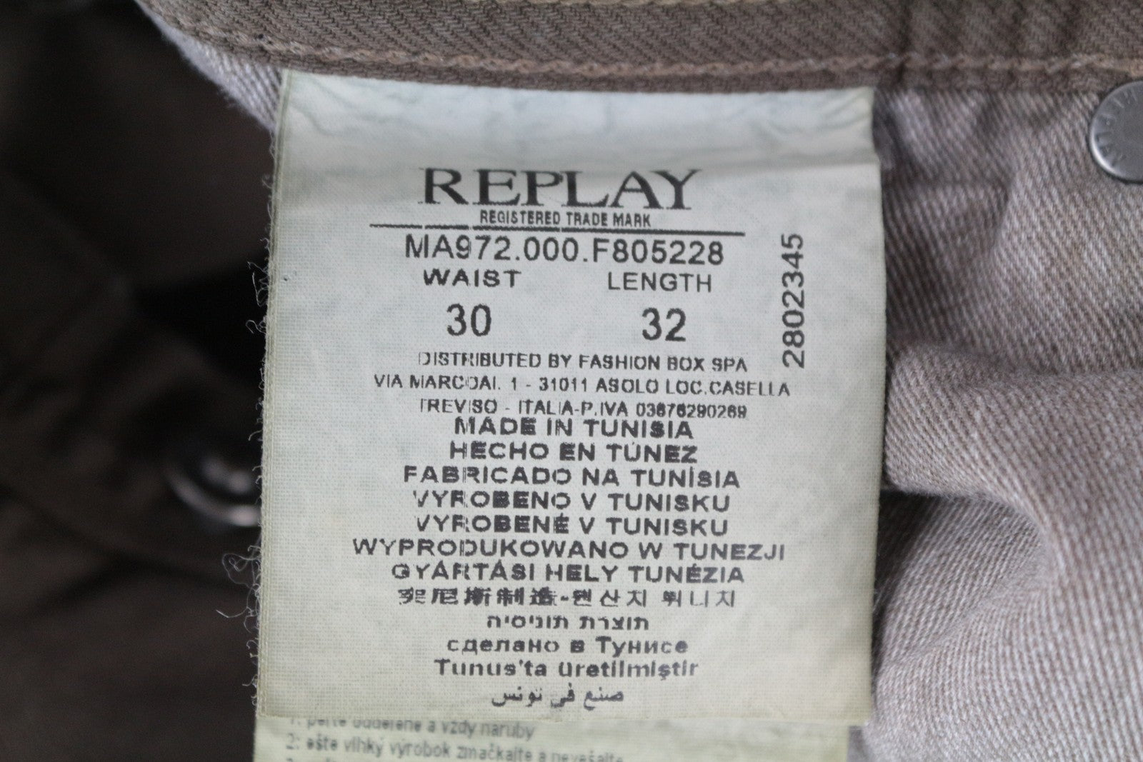 REPLAY Grover Men's W30/L32 Brown Bull Denim Straight Jeans Stretch Buttoned