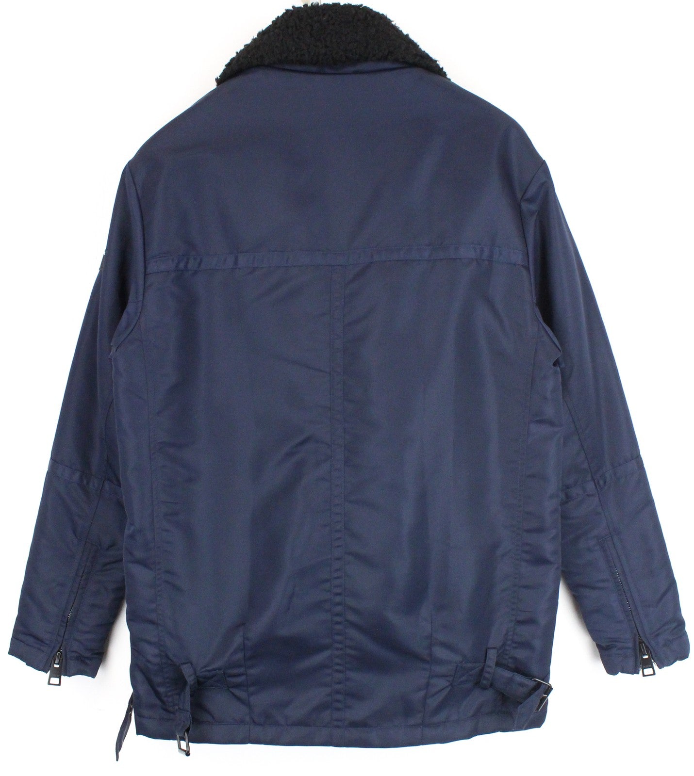 REPLAY moteriška striukė S tamsiai mėlyna nailono užtrauktuku, įprasto ilgio dirbtinio kailio apykakle 