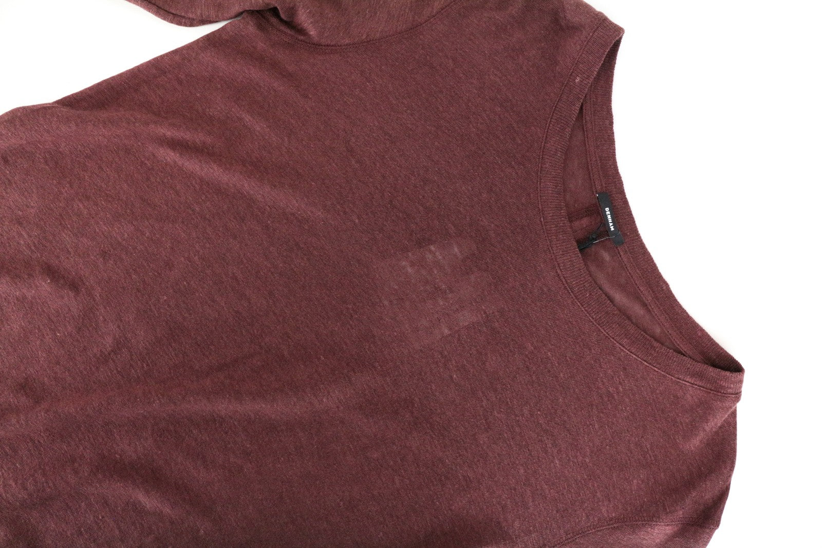 DENHAM moteriški burgundiško vyno spalvos lininiai džersio marškinėliai su apvalia apykakle ir ilgomis rankovėmis, melanžo rašto 