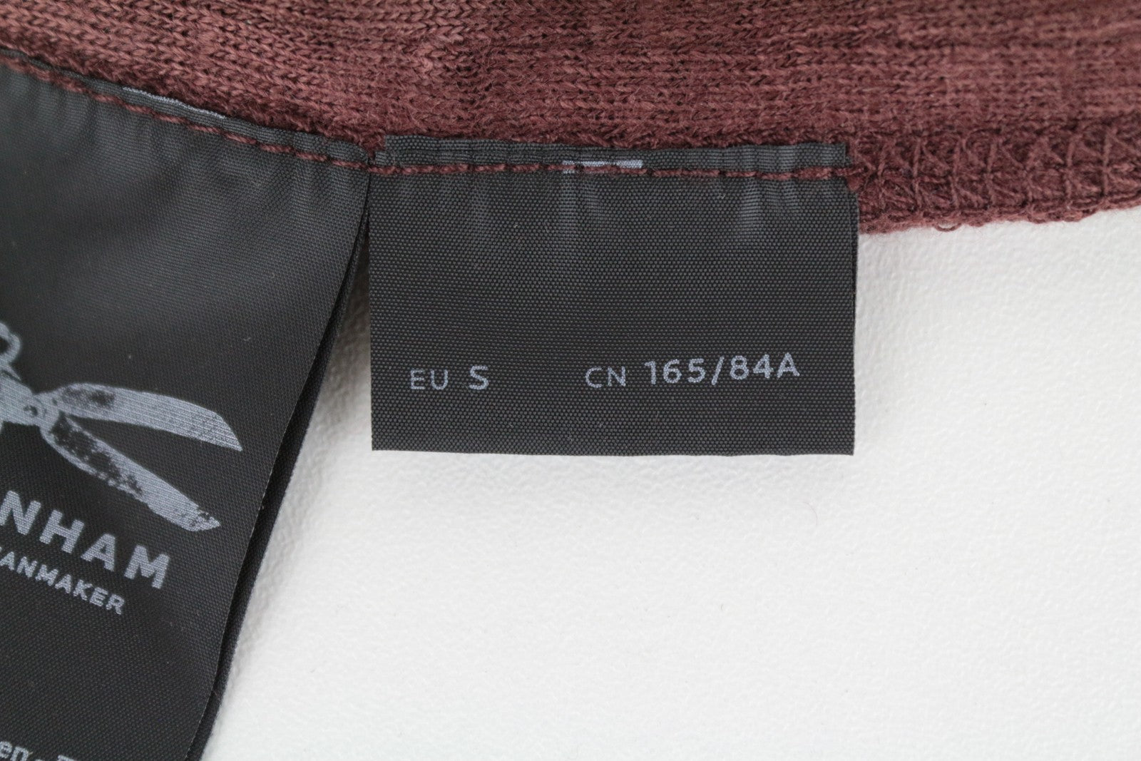 DENHAM moteriški burgundiško vyno spalvos lininiai džersio marškinėliai su apvalia apykakle ir ilgomis rankovėmis, melanžo rašto 