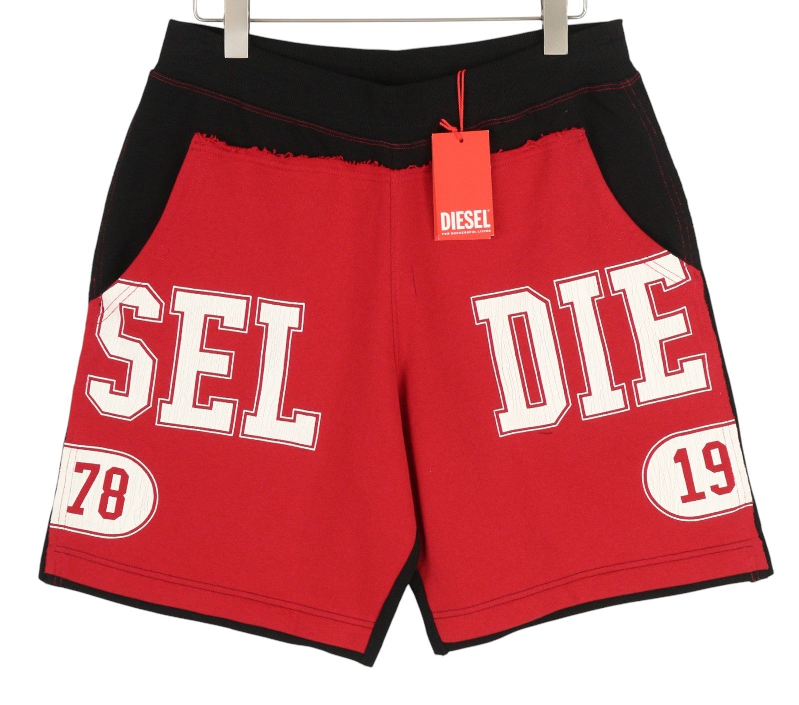 DIESEL P-Mustin Mens Shorts XL Red Printed Sweat Elastic Waist Pocket RRP€125