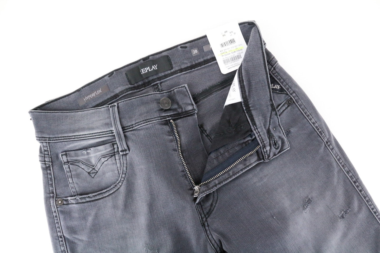 REPLAY Anbass vyriški šviesiai pilki, ploni, tamprūs džinsai su dirbtiniu užtrauktuku, W28/L32 