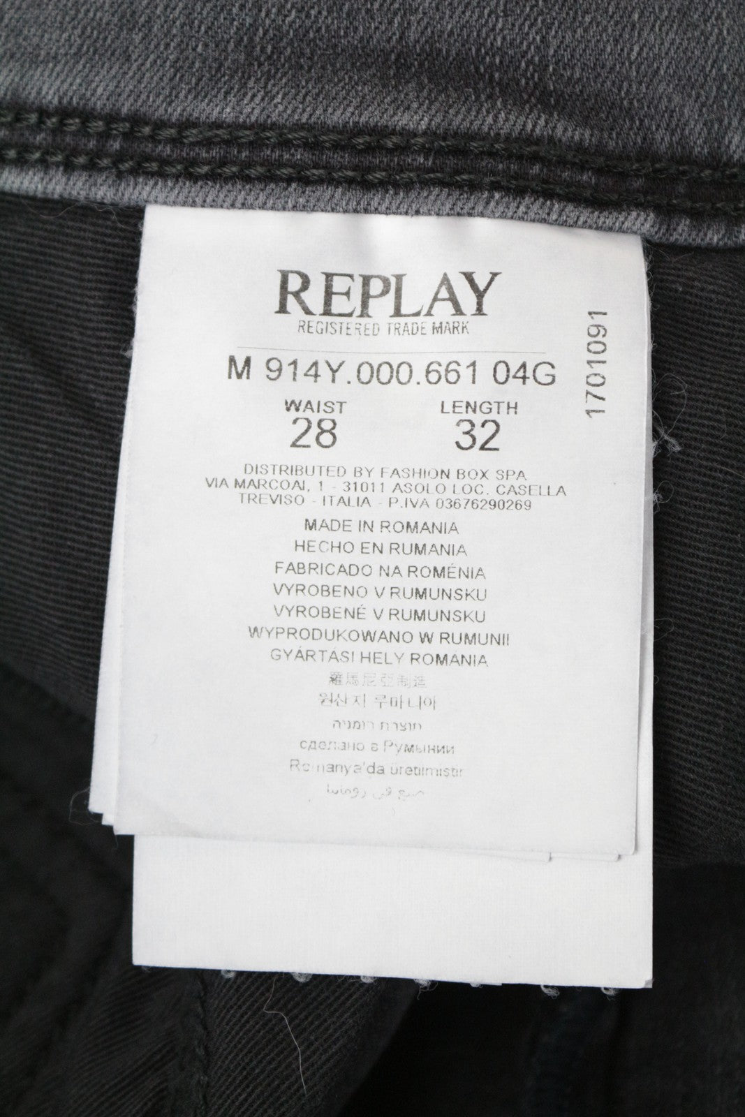 REPLAY Anbass vyriški šviesiai pilki, ploni, tamprūs džinsai su dirbtiniu užtrauktuku, W28/L32 