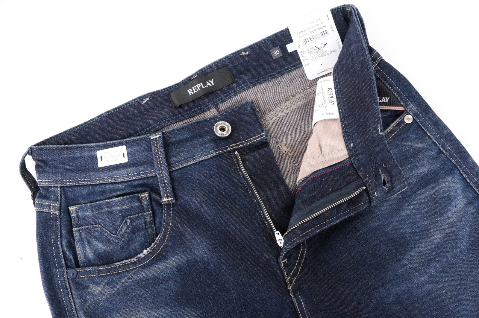 REPLAY Anbass vyriški W30/L32 tamsiai mėlyni, ploni, tamprūs džinsai su išblukusiu užtrauktuku 