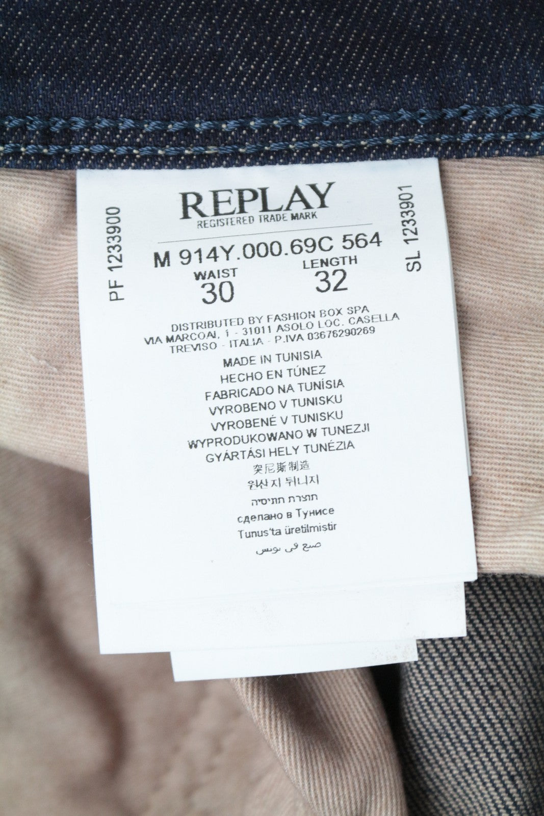 REPLAY Anbass vyriški W30/L32 tamsiai mėlyni, ploni, tamprūs džinsai su išblukusiu užtrauktuku 