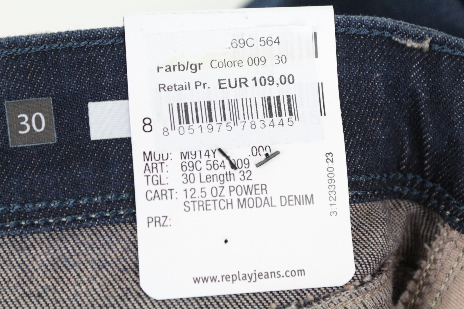 REPLAY Anbass vyriški W30/L32 tamsiai mėlyni, ploni, tamprūs džinsai su išblukusiu užtrauktuku 