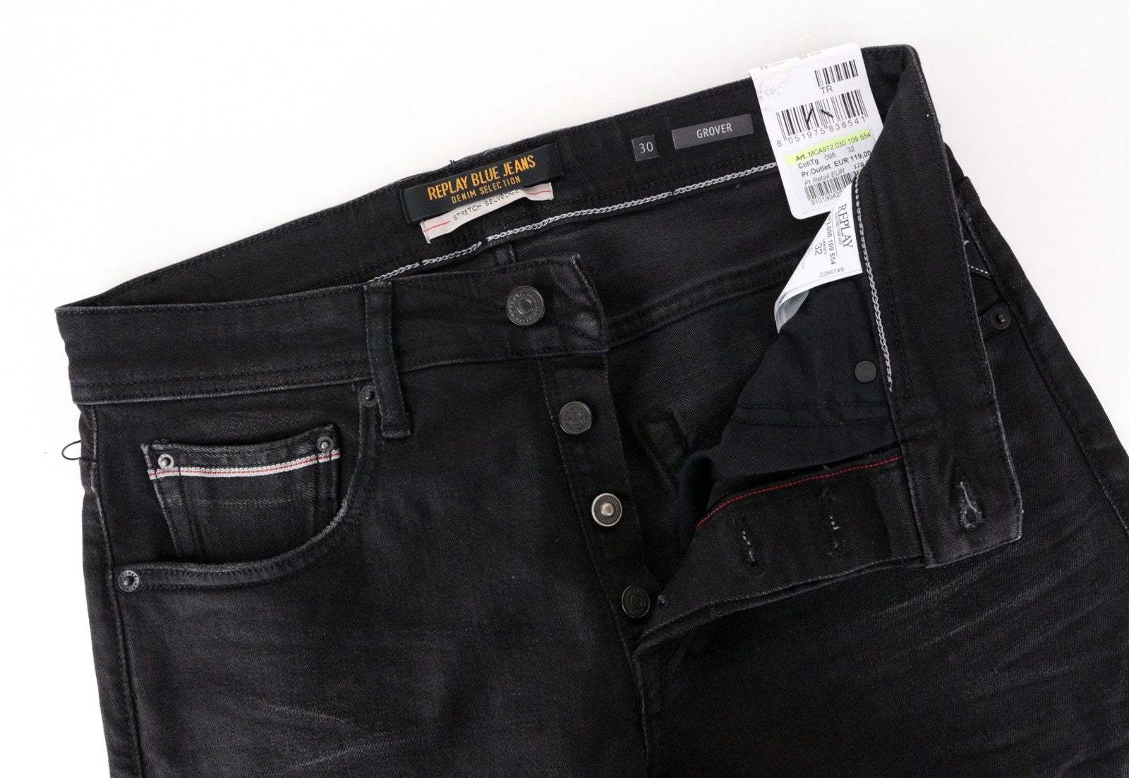 REPLAY Grover vyriški W30/L32 tamsiai pilki Selvedge džinsai tamprūs, vidutinio liemens, tiesūs 