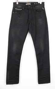 REPLAY Grover vyriški W30/L34 tamsiai pilki Selvedge džinsai su sagomis, tiesaus kirpimo 