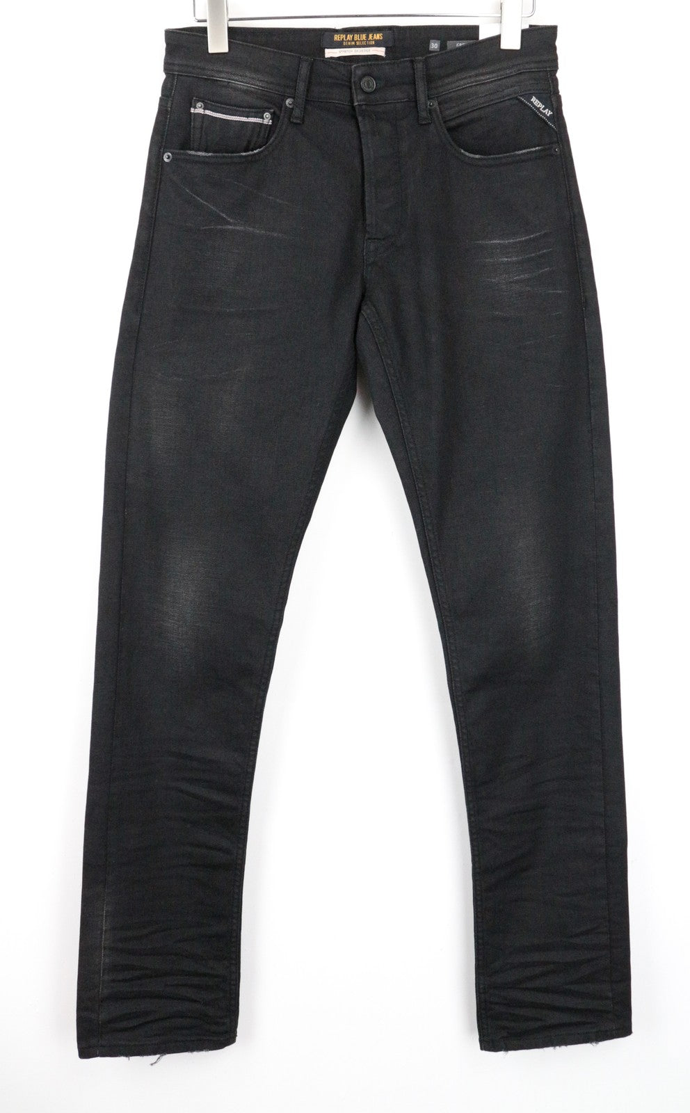 REPLAY Grover vyriški W30/L34 tamsiai pilki Selvedge džinsai su sagomis, tiesaus kirpimo 