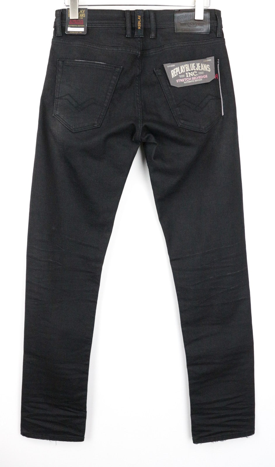 REPLAY Grover vyriški W30/L34 tamsiai pilki Selvedge džinsai su sagomis, tiesaus kirpimo 