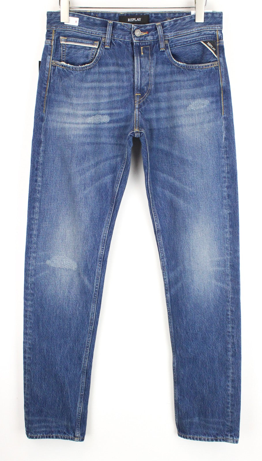 REPLAY Grover vyriški W30/L34 mėlyni, dirbtinio atspalvio akmens spalvos džinsai su sagomis 