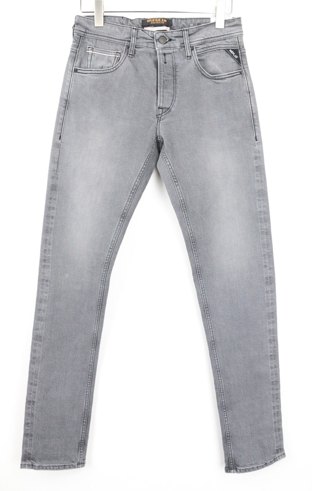REPLAY Grover vyriški W29/L34 pilki tiesūs džinsai su sagomis ir tampriu snapeliu 