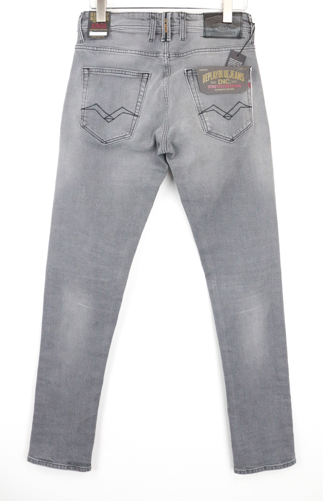 REPLAY Grover vyriški W29/L34 pilki tiesūs džinsai su sagomis ir tampriu snapeliu 