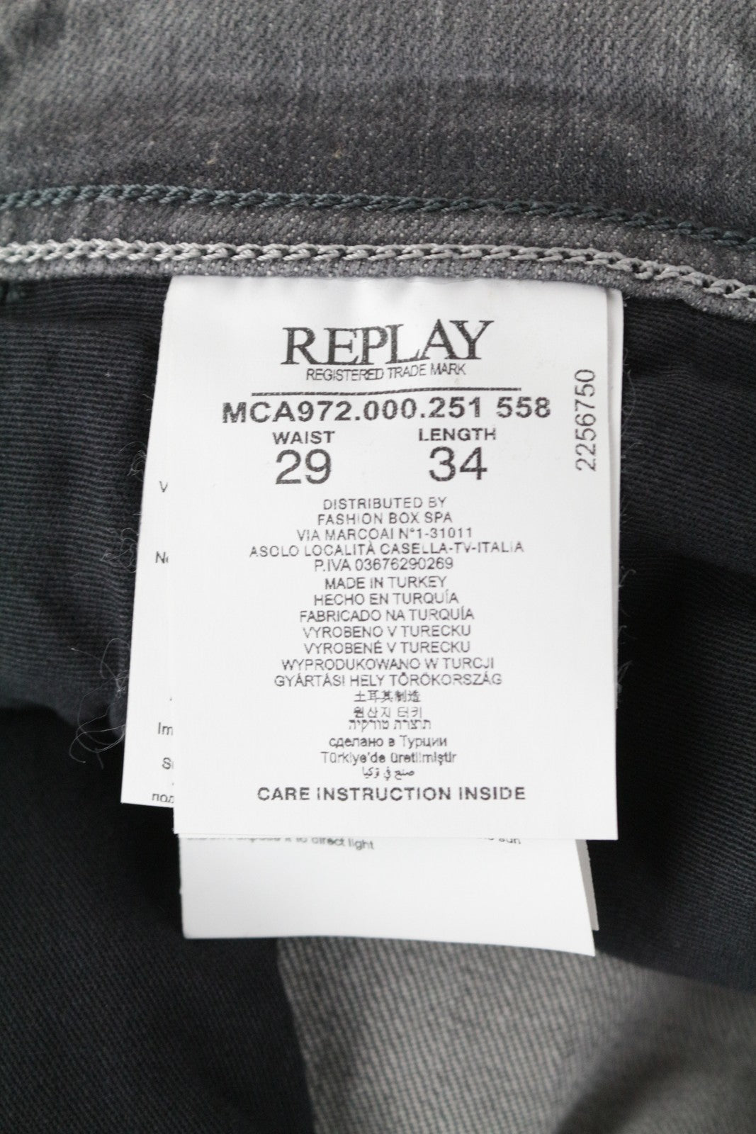 REPLAY Grover vyriški W29/L34 pilki tiesūs džinsai su sagomis ir tampriu snapeliu 