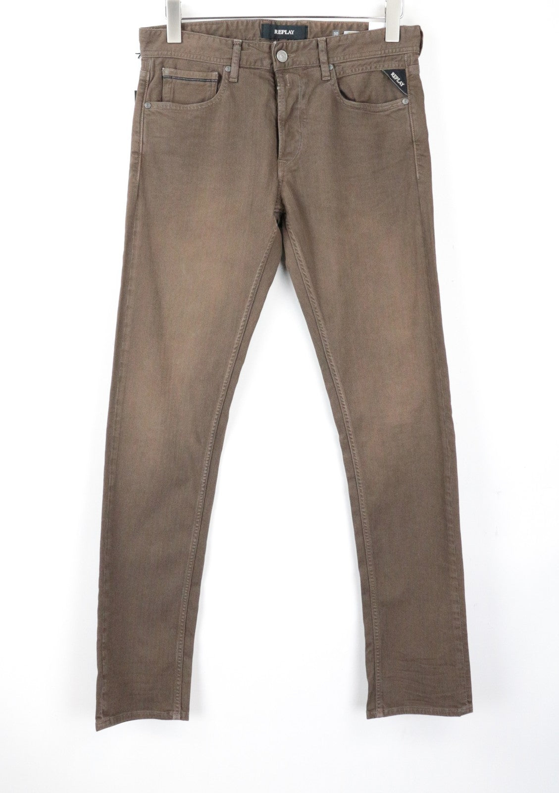 REPLAY Grover Men's W30/L34 Mid Brown Straight Jeans Stretch Buttoned Mid Rise