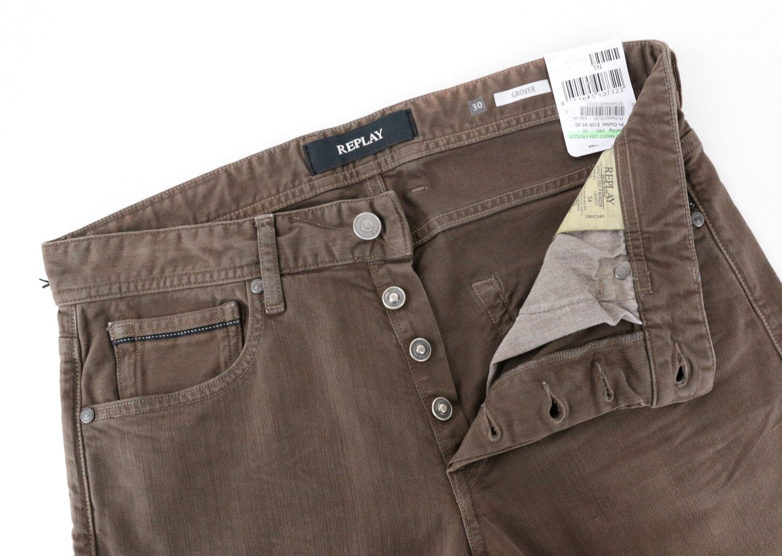 REPLAY Grover Men's W30/L34 Mid Brown Straight Jeans Stretch Buttoned Mid Rise